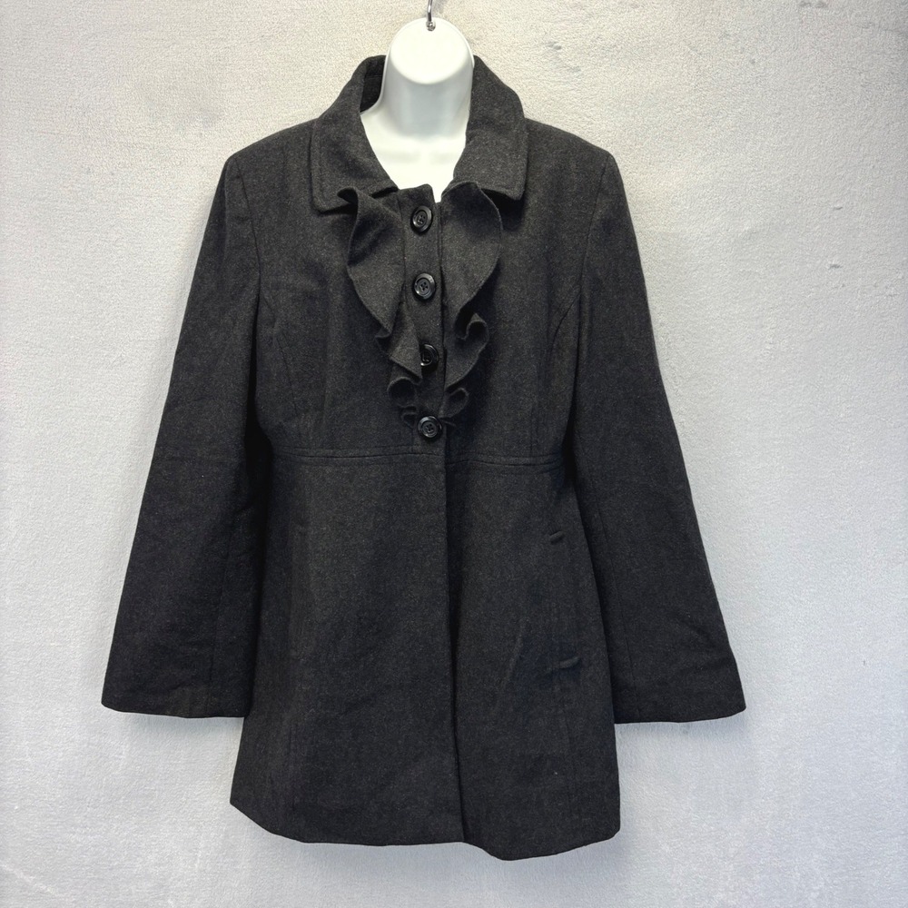 Old Navy Ruffle Pea Coat Womens Large Tall LT Gray Wool Blend Jacket A-Line